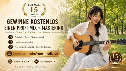 Horizontales Plakat zum TMT-Media Songwettbewerb anlässlich des 15-jährigen Jubiläums